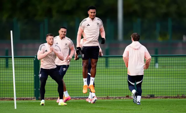 Aston Villa's Ollie Watkins during a training session at Aston Villa FC Training Ground, Birmingham, England, Wednesday Oct. 22, 2025. (Martin Rickett/PA via AP)