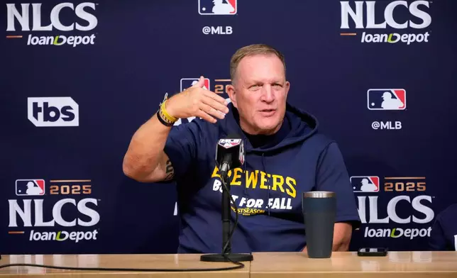 Milwaukee Brewers manager Pat Murphy speaks during a news conference ahead of Game 3 of baseball's National League Championship Series against the Los Angeles Dodgers, Wednesday, Oct. 15, 2025, in Los Angeles. (AP Photo/Mark J. Terrill)