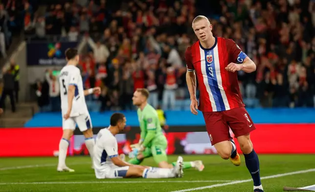 Norway's Erling Braut Haaland celebrates scoring his side's second goal, during the World Cup qualifying soccer match between Norway and Israel in Oslo, Saturday, Oct. 11, 2025. (Jonas Been Henriksen/NTB Scanpix via AP)