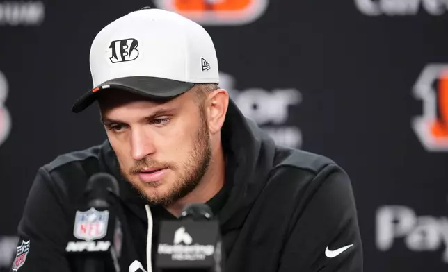 Cincinnati Bengals quarterback Jake Browning talks with the media after an NFL football game against the Detroit Lions Sunday, Oct. 5, 2025, in Cincinnati. (AP Photo/Jeff Dean)