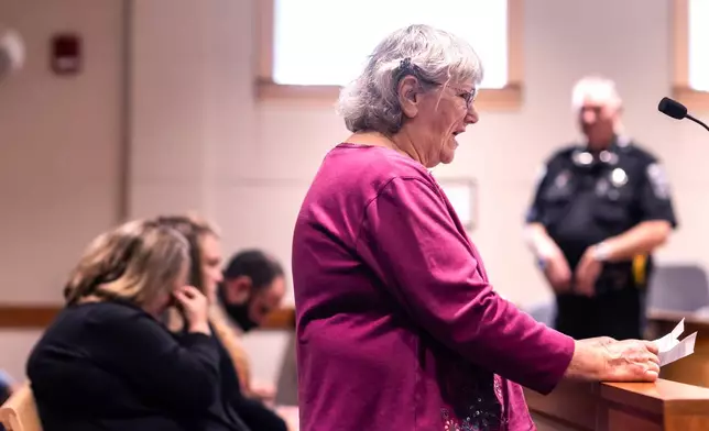 Peg Sweeney speaks to Eric Sweeney during Sweeney's sentencing hearing at Merrimack Superior Court in Concord, N.H., on Friday, Oct. 3, 2025. (Geoff Forester/ Concord Monitor via AP, Pool)