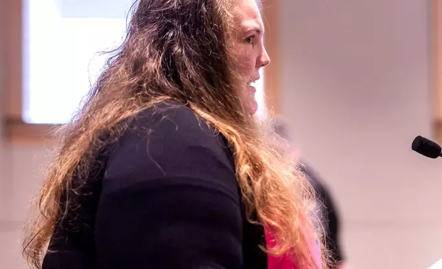 Katrina Turnball, older sister of Cassandra Sweeney, speaks to Eric Sweeney during Sweeney's sentencing hearing at Merrimack Superior Court in Concord, N.H., on Friday, Oct. 3, 2025. (Geoff Forester/Concord Monitor via AP, Pool)