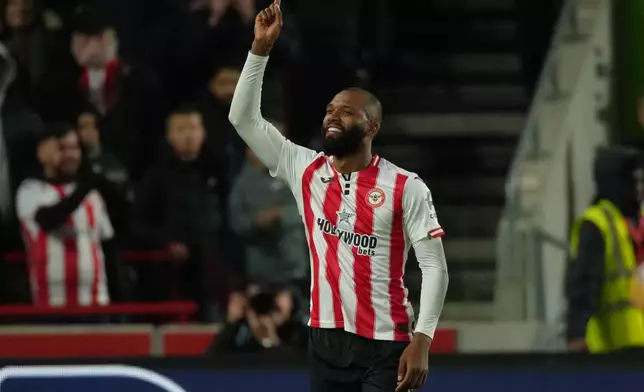 Brentford's Igor Thiago reacts after scoring from a penalty kick during the Premier League soccer match between Brentford and Liverpool in London, Saturday, Oct. 25, 2025. (AP Photo/Dave Shopland)
