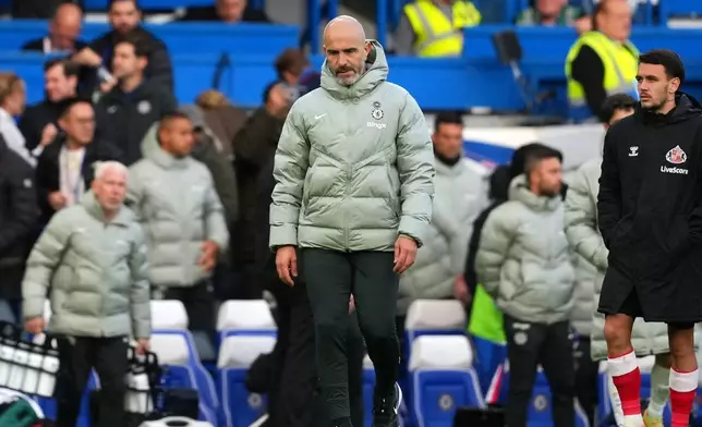 Chelsea's head coach Enzo Maresca reacts at the end of the English Premier League soccer match between Chelsea and Sunderland in London, Saturday, Oct. 25, 2025. (AP Photo/Joanna Chan)