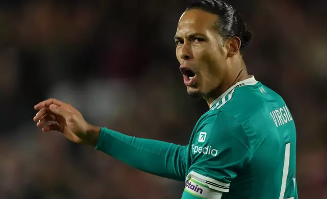 Liverpool's Virgil van Dijk reacts during the Premier League soccer match between Brentford and Liverpool in London, Saturday, Oct. 25, 2025. (AP Photo/Dave Shopland)