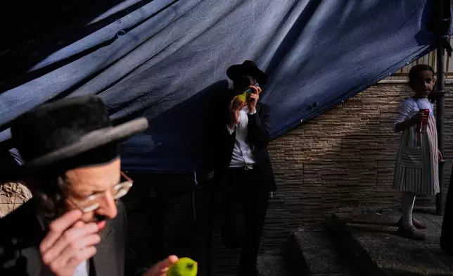 Ultra-Orthodox Jewish men inspect an etrog, a citrus fruit, to determine if it is ritually acceptable as one of the four items used as a symbol on the upcoming Jewish holiday of Sukkot, in Jerusalem's Mea Shearim neighborhood, Sunday, Oct. 5, 2025. (AP Photo/Ohad Zwigenberg)