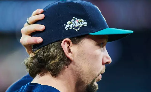 Seattle Mariners' Logan Gilbert (36) looks on during batting practice, Saturday, Oct. 18, 2025, in Toronto, ahead of Sunday's Game 6 in baseball's American League Championship Series against the Toronto Blue Jays. (Sammy Kogan/The Canadian Press via AP)
