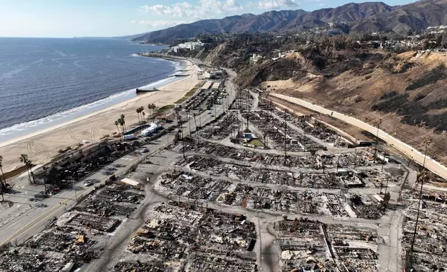 FILE - An aerial view shows the devastation left by the Palisades Fire in the Pacific Palisades section of Los Angeles, Jan. 27, 2025. (AP Photo/Jae C. Hong, file)