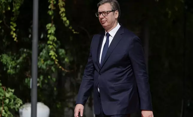Serbian President Aleksandar Vucic arrives at the Brdo-Brijuni, Process Leaders' Meeting in Golem, Albania, 50 kilometers (30 miles) west of the capital, Tirana , Albania on Monday, Oct. 6, 2025 .(AP Photo/Vlasov Sulaj)