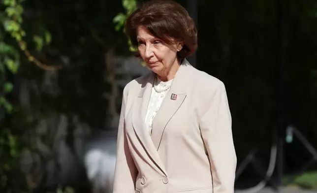 North Macedonia President Gordana Siljanovska-Davkova arrives at the Brdo-Brijuni, Process Leaders' Meeting in Golem, Albania, 50 kilometers (30 miles) west of the capital, Tirana , Albania on Monday, Oct. 6, 2025 .(AP Photo/Vlasov Sulaj)