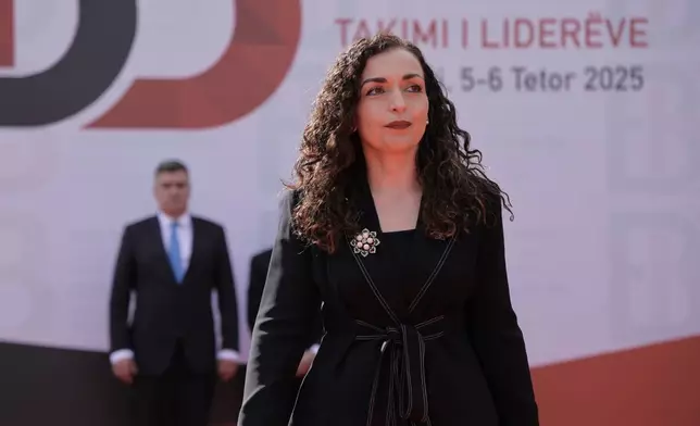 Kosovo's President Vjosa Osmani arrives at the Brdo-Brijuni, Process Leaders' Meeting in Golem, Albania, 50 kilometers (30 miles) west of the capital, Tirana , Albania on Monday, Oct. 6, 2025 .(AP Photo/Vlasov Sulaj)
