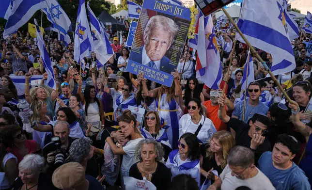 People react as they gather to watch a live broadcast of Israeli hostages released from Gaza at a plaza known as hostages square in Tel Aviv, Israel, Monday, Oct. 13, 2025. The release took place as part of a cease-fire agreement between Israel and Hamas. (AP Photo/Oded Balilty)