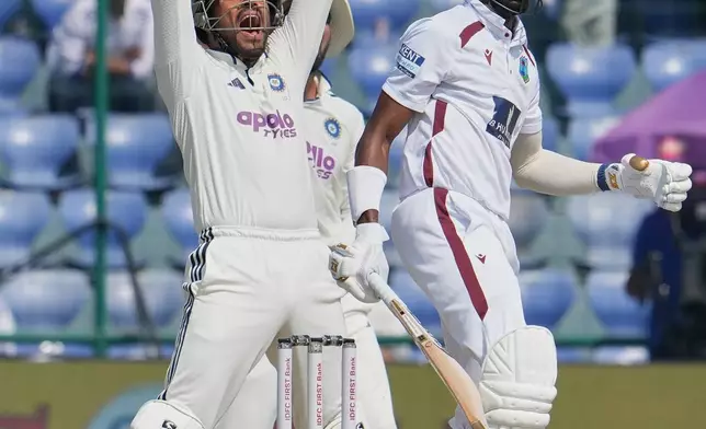 India's wicketkeeper Dhruv Jurel appeals unsuccessfully for the LBW for West Indies' Khary Pierre on the third day of the second cricket test match between India and West Indies at the Arun Jaitley Stadium in New Delhi, India, Sunday, Oct.12, 2025. (AP Photo/Manish Swarup)