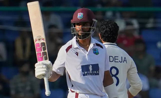 West Indies' Shai Hope celebrates after scoring fifty runs on the third day of the second cricket test match between India and West Indies at the Arun Jaitley Stadium in New Delhi, India, Sunday, Oct.12, 2025. (AP Photo/Manish Swarup)