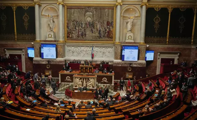 Scoreboards at the National Assembly show the results of a no-confidence motion vote on French Prime Minister Sébastien Lecornu's government in Paris, Thursday, Oct. 16, 2025. (AP Photo/Thibault Camus)