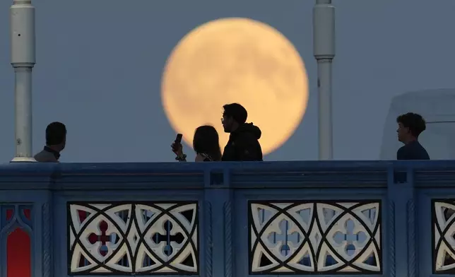 The Harvest Supermoon rises, in London, Monday, Oct. 6, 2025. (AP Photo/Kin Cheung)
