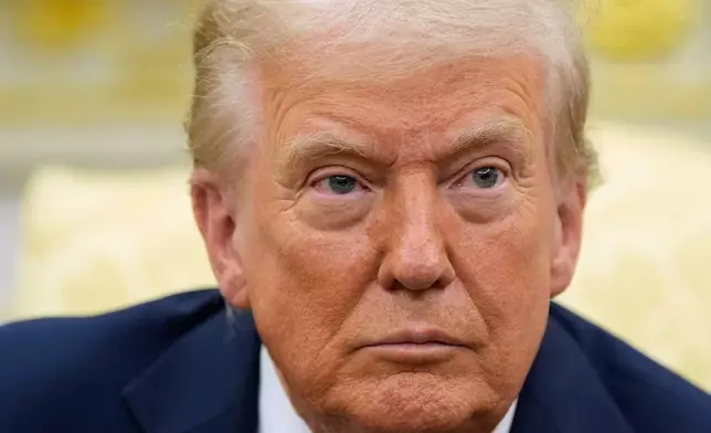 President Donald Trump listens during a meeting with Finland's President Alexander Stubb in the Oval Office at the White House, Thursday, Oct. 9, 2025, in Washington. (AP Photo/Alex Brandon)