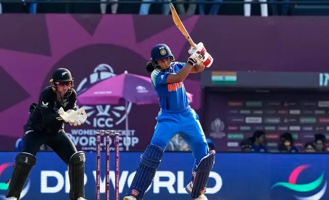 India's Pratika Rawal bats during the ICC Women's Cricket World Cup cricket match between India and New Zealand in Navi Mumbai, India, Thursday, Oct. 23, 2025. (AP Photo/Rajanish Kakade)