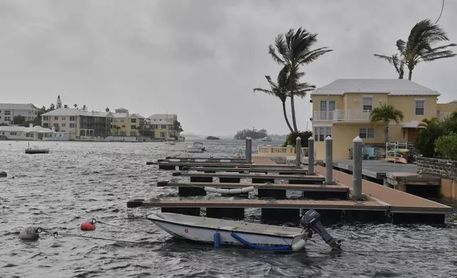 Trees blow in the wind on a pier ahead of Hurricane Imelda's expected arrival in Hamilton, Bermuda, Wednesday, Oct. 1, 2025. (AP Photo/Anthony Wade)