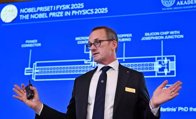 Member of the Nobel Committee for Physics Goran Johansson explains this year's Nobel Prize in Physics, awarded to John Clarke, Michel H Devoret and John M. Martinis, at the Nobel Assembly of the Karolinska Institutet, in Stockholm, Sweden, Tuesday, Oct. 7, 2025. (Christine Olsson/TT News Agency via AP)