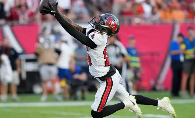Tampa Bay Buccaneers wide receiver Tez Johnson catches a touchdown pass against the San Francisco 49ers during the second half of an NFL football game in Tampa, Fla., Sunday, Oct. 12, 2025. (AP Photo/Chris O'Meara)