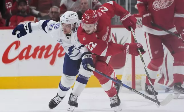 Tampa Bay Lightning right wing Mitchell Chaffee (41) and Detroit Red Wings center Mason Appleton (22) battle for position in the second period of an NHL hockey game Friday, Oct. 17, 2025, in Detroit. (AP Photo/Paul Sancya)