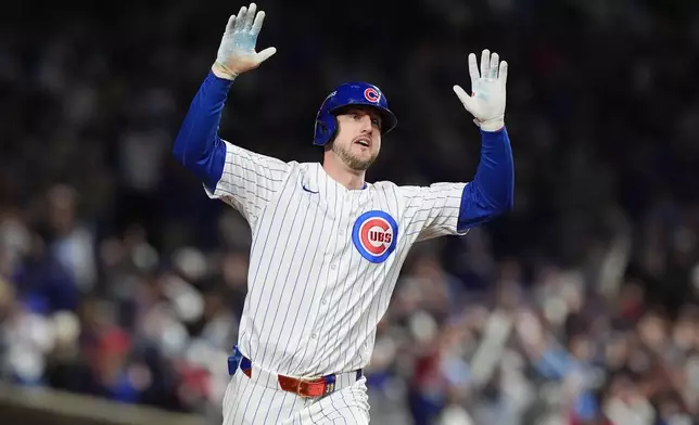 Chicago Cubs' Kyle Tucker (30) runs the bases after hitting a solo home run during the seventh inning of Game 4 of baseball's National League Division Series against the Milwaukee Brewers Thursday, Oct. 9, 2025, in Chicago. (AP Photo/Nam Y. Huh)