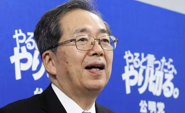 Tetsuo Saito, leader of Komeito, speaks to the media after meeting with Sanae Takaichi, the newly-elected leader of Japan's ruling party, the Liberal Democratic Party at the parliament in Tokyo, Friday, Oct. 10, 2025. (Daisuke Suzuki/Kyodo News via AP)