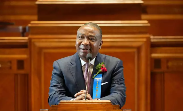 FILE - Democrat State Sen. Cleo Fields speaks during the swearing in of the Louisiana state legislature in Baton Rouge, La., Jan. 8, 2024. (AP Photo/Gerald Herbert, Pool, File)