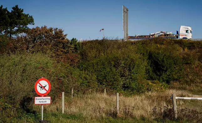 A view of a drone flying prohibited sign at Halsskov, West Zealand, Denmark, Tuesday, Sept. 30, 2025. (Mads Claus Rasmussen/Ritzau Scanpix via AP)
