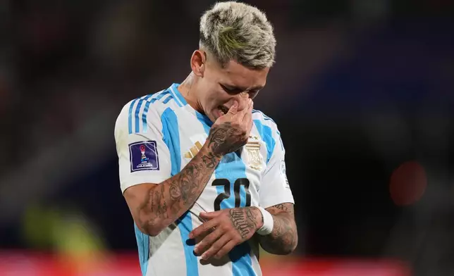 Argentina's Gianluca Prestianni reacts at the end of the FIFA U-20 World Cup final soccer match against Morocco in Santiago, Chile, Sunday, Oct. 19, 2025. (AP Photo/Andre Penner)