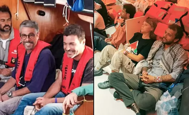 This combination of images released by the Israeli Foreign Ministry shows Greta Thunberg, second from right, with other flotilla activists after the Israeli navy intercepted the Global Sumud Flotilla carrying humanitarian aid to Gaza, Wednesday, Oct. 1, 2025. (Israeli Foreign Ministry via AP)