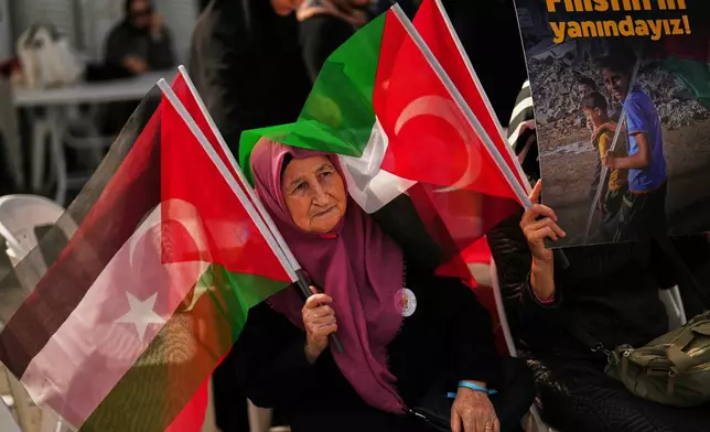 A woman waves Turkish and Palestinian flags during a sit-in gathering against the interception of the Gaza-bound Sumud flotilla by Israeli navy forces, in Istanbul, Thursday, Oct. 2, 2025. The board reads in Turkish: "We stand with Palestine". (AP Photo/Francisco Seco)