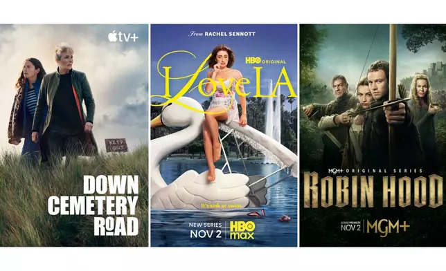 This combination of images shows promotional art for the series "Down Cemetery Road," from left, "I Love LA," and "Robin Hood." (Apple TV+/HBO Max/MGM+ via AP)