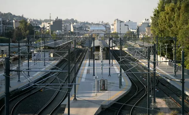 The Greek capital's main railway station is closed during a nationwide 24-hour strike, as labor unions demand higher wages and the withdrawal of a bill that changes work hours in Athens, Greece, Wednesday, Oct. 1, 2025. (AP Photo/Thanassis Stavrakis)