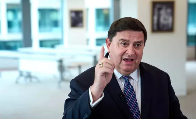 Stewart McLaurin, president of the White House Historical Association, speaks about the history of the East Wing of the White House, construction of a new ballroom, and President John Adams moving into the White House, during an interview with The Associated Press, Tuesday, Oct. 28, 2025, in Washington. (AP Photo/Jacquelyn Martin)