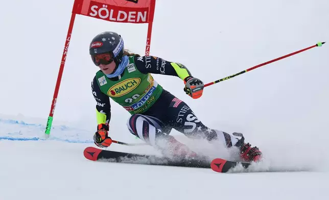 United States' Mikaela Shiffrin competes in an alpine ski, women's World Cup giant slalom, in Soelden, Austria, Saturday, Oct. 25, 2025. (AP Photo/Marco Trovati)