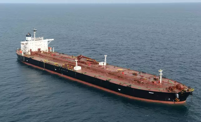 The tanker Boracay that allegedly belongs to Russia's so-called shadow fleet, is seen Thursday, Oct. 2, 2025, off Saint-Nazaire, France's Atlantic coast. (AP Photo/Mathieu Pattier)