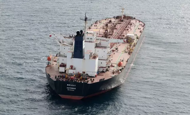 The tanker Boracay that allegedly belongs to Russia's so-called shadow fleet, is seen Thursday, Oct. 2, 2025, off Saint-Nazaire, France's Atlantic coast. (AP Photo/Mathieu Pattier)