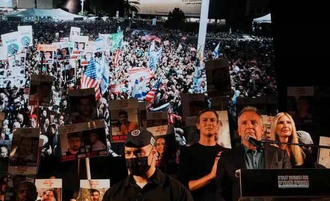 U.S. Special Envoy to the Middle East Steve Witkoff, right, speaks during a rally in support of hostages kidnapped by Hamas, at a plaza known as hostages square, in Tel Aviv, Israel, Saturday, Oct. 11, 2025, ahead of the expected release of the hostages held in the Gaza Strip. (AP Photo/Emilio Morenatti)