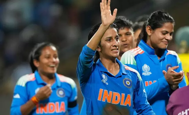 India's Jemimah Rodrigues celebrates after winning the ICC Women's Cricket World Cup cricket semi final against Australia in Navi Mumbai, India, Thursday, Oct. 30, 2025. (AP Photo/Rajanish Kakade)