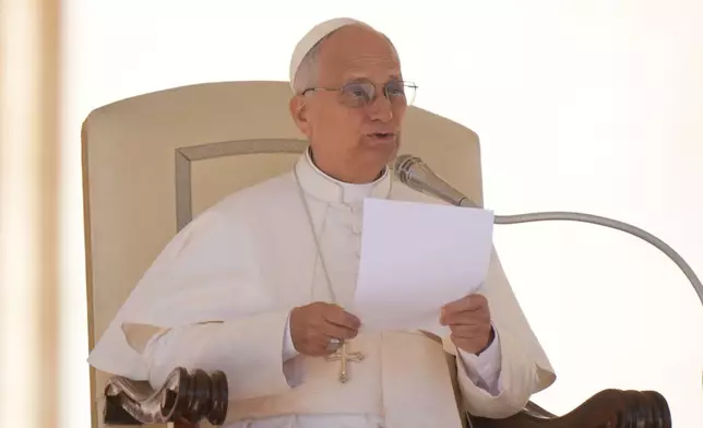 Pope Leo XIV holds his weekly general audience in St. Peter's Square, at the Vatican, Wednesday, Oct. 8, 2025. (AP Photo/Andrew Medichini)