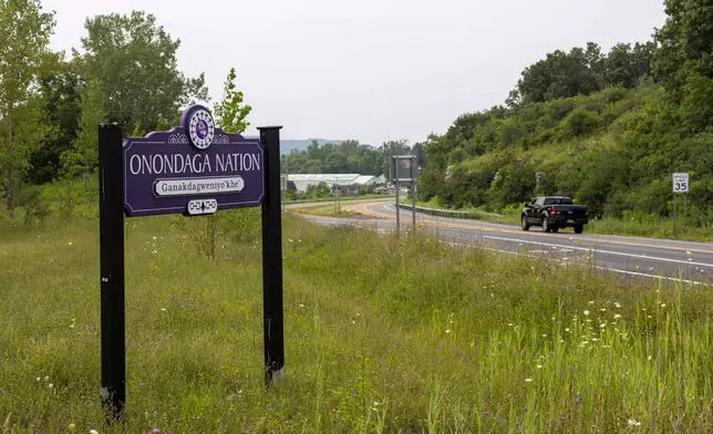 FILE - A sign informs drivers of the Onondaga Nation territory's boundaries, Aug. 3, 2023, in central New York. (AP Photo/Lauren Petracca, File)