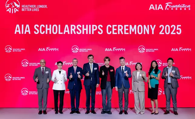 Mr. Jacky Chan, AIA Regional Chief Executive and Group Chief Distribution Officer; Co-chairman, AIA Scholarships Committee (fourth from left); Mr. Stuart A. Spencer, AIA Group Chief Marketing Officer; Co-chairman, AIA Scholarships Committee (third from left); Mr. Alger Fung, Chief Executive Officer, AIA Hong Kong &amp; Macau; Director of AIA Foundation (fourth from right); Ms. Melissa Wong, Chief Customer &amp; Marketing Officer, AIA Hong Kong &amp; Macau; Director of AIA Foundation (second from left); and Ms. Maylie Lee, Chief Human Resources Officer, AIA Hong Kong &amp; Macau; Director of AIA Foundation (third from right), along with Mr. Hins Cheung, singer and AIA Rethink Healthy ambassador (fifth from right) and representatives from partners including Microsoft Hong Kong and Macau, HandsOn Hong Kong, and AIA Vitality Hub, announced the launch of “AIA Purpose in Action”.