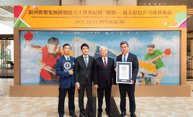 Galaxy Macau™ Integrated Resort has officially secured a new GUINNESS WORLD RECORDS™ title for the “The largest display of coloured ping-pong/table tennis balls”. Mr. Buddy Lam, Director of Corporate Affairs of GEG, received the award certificate on behalf of GEG. Mr. Jacab Ip, the official adjudicator of GUINNESS WORLD RECORD™, Mr. Chan Chak Mo, President of the Sports and Olympic Committee of Macau, China and Mr. Ma Chi Seng, Secretary-General of the Sports and Olympic Committee of Macau, China, joined together for a photo moment.