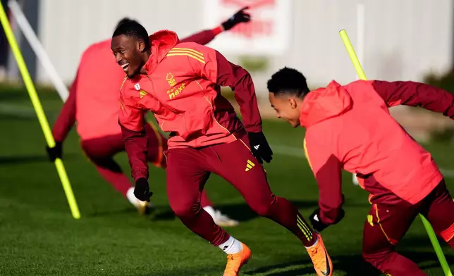 Nottingham Forest's Callum Hudson-Odoi during a training session at the Nigel Doughty Academy, Nottingham, England, Wednesday Nov. 26, 2025. (Mike Egerton/PA via AP)