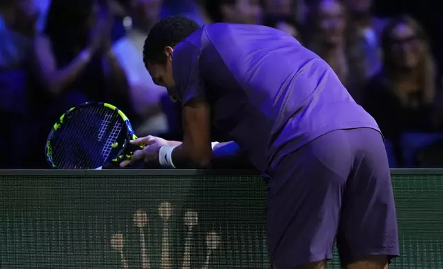 Canada's Felix Auger-Aliassime reacts during the final match of the Paris Masters tennis tournament against Italy's Jannik Sinner in Paris, Sunday, Nov. 2, 2025. (AP Photo/Christophe Ena)