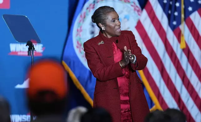 Republican Winsome Earle-Sears speaks on stage at an election night watch party after losing the Virginia governor's race Tuesday, Nov. 4, 2025, in Leesburg, Va. (AP Photo/Eric Lee)