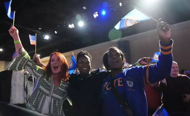 People cheer after Virginia's gubernatorial race was called for Democratic candidate Abigail Spanberger during an election night watch party Tuesday, Nov. 4, 2025, in Richmond, Va. (AP Photo/Stephanie Scarbrough)