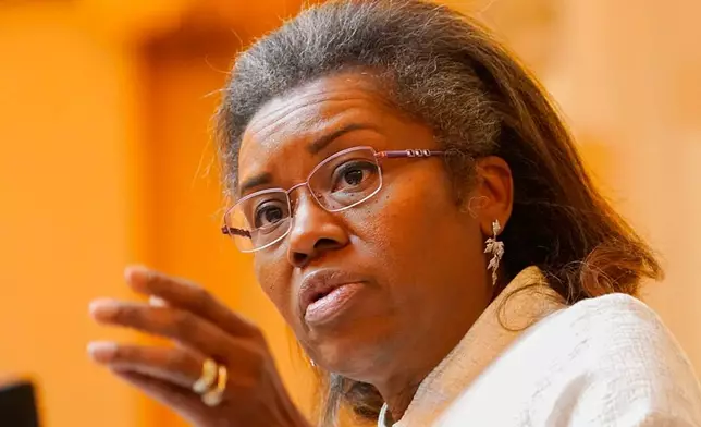 FILE - Virginia Lt. Gov. Winsome Earle-Sears gestures as she presides over the Senate at the Capitol, Feb. 8, 2022, in Richmond, Va. (AP Photo/Steve Helber, File)
